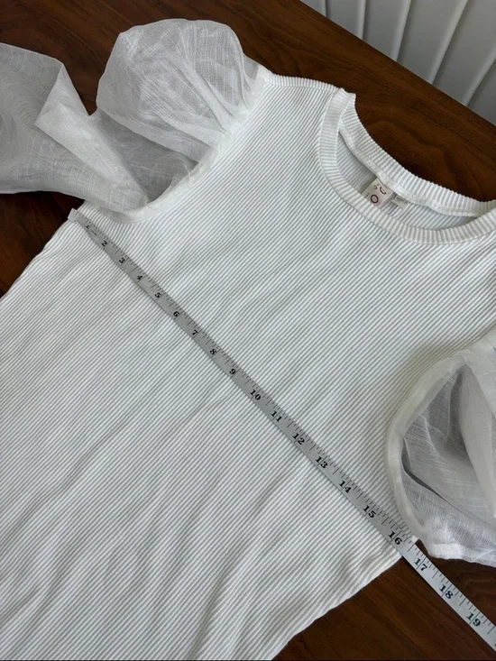 ANTHROPOLOGIE DOLAN SHEER PUFF SLEEVE BLOUSE RIB SWEATER TOP WHITE Size Large - Picture 10 of 10